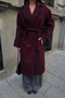 Women's Burgundy Double-Breasted Collar Wool Textured Belted Oversize Cashmere Coat - 4