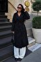 Women's Black Double-Breasted Collar Wool Textured Belted Oversize Cashmere Coat