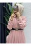 Women's Modern, Chic, Crepe Fabric, Belted, Pocketed, Modest Dress in Rose Pink - 3