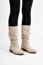 Women's Samo Beige Suede Flat Sole Drawstring Mid-Size Pull-On Boots
