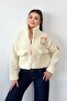 Women's Stand Collar Plush Coat with Arma Detail White - 5040