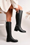 Alba Model Genuine Leather Black Leather Side Zipper Thick Heel Buckle Daily Women's Boots