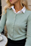 Women's Mint Cotton Long Sleeve Crew Neck Body Hugging Buttoned Basic Cardigan - 2
