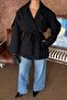 Women's Black Double-Breasted Collared Belted Short Oversized Trench Coat - 5