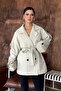 Women's Beige Double-Breasted Collar Belted Short Oversize Trench Coat - 6