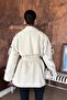 Women's Beige Double-Breasted Collar Belted Short Oversize Trench Coat - 8