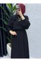Women's Black Modest Dress in Diamond-Patterned Crepe Fabric - 2