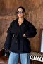 Women's Black Double-Breasted Collared Belted Short Oversized Trench Coat