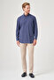 White-Navy Blue Buttoned Collar Long Sleeve Pocketless Slim Fit 100% Cotton Shirt 1004260204 - 2