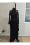 Women's long sleeve turtleneck tulle detailed front asymmetrical ruffle detailed long janjan crepe dress - 5
