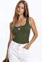 Women's Khaki Square Neck Front and Back Double Layer Thick Strap Bodysuit - 2
