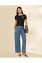 Women Black Printed Contrast Rib T-Shirt - 2