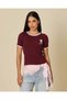 Women Burgundy Printed Contrast Rib T-Shirt