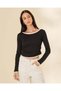 Women Black Plain Contrast Round Neck T-Shirt