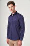 Navy Blue Hard Collar Long Sleeve Pocketless Satin Slim Fit 100% Cotton Shirt 1004260424 - 3