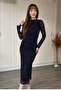 Floral Embroidered Velvet Draped Elegant Midi Navy Blue Dress - 2