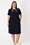Women's Plus Size Navy Blue Pocket Buttoned Lace Detailed Cotton Short Sleeve Dress
