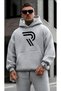 Men's R Print Design Trendy Oversize Hooded Sweatshirt Relaxed Fit Casual Sports