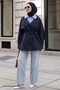Striped Garnished Navy Blue Lined Trench Coat