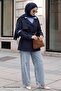 Striped Garnished Navy Blue Lined Trench Coat - 4