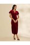 Women Burgundy Plain V Neck Velour Dress - 4