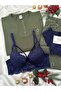 Khaki Olive Patterned 4-Piece Bra and Long Sleeve Premium Waffle Pajama Set - 4