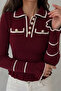 Women's Polo Neck Pearl Buttoned Ruffled Ribbed Knit Sweater
