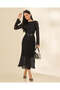 Women Black Lace Long Sleeve Midi Dress