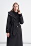 Hooded Belted Long Black Coat 13976