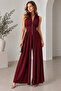 Women's Sandy Fabric Zippered High Collar Sleeveless Gathered Wide Leg Jumpsuit