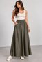 Khaki High Waist Gathered Faux Leather Flared Maxi Skirt