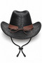 Men's Cowboy Hat Leather Look Metal Bull Figure Drawstring Western Hat - 3