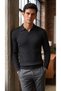 Men's Polo Collar Slim Ribbed Knit Long Sleeve T-Shirt - Black - 3