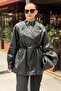 Wide Collar Zipper and Buttoned Leather Trench Coat - 2