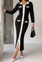 Women's Black Stripe Detailed Buttoned Polo Collar Long Sleeve Knitwear Dress (S/M) - 2