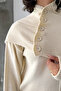Women's Ecru Buttoned Shawl Detailed Slit Premium Quality Knitwear Poncho Sweater - 6