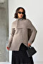 Women's Stone Color Buttoned Shawl Detailed Slit Premium Quality Knitwear Poncho Sweater