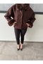 Women's Short Coat with Fur Collar and Plush Sleeves - 8