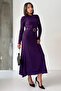 Women's Purple Stylish Belted and Cuff-Button Detailed Long Knit Dress - 5