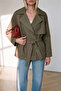 Khaki Green Double-Breasted Buttoned Lined Belted Short Trench Coat Jacket - 4