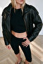 Black Stand Collar Bomber Leather Jacket - 4