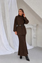 Women's Brown Belted Long Sweater and Openwork Lined Long Skirt Bottom-Top Two-Piece Knitwear Set