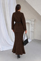 Women's Brown Belted Long Sweater and Openwork Lined Long Skirt Bottom-Top Two-Piece Knitwear Set - 4
