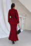 Women's Burgundy Belted Long Sweater and Openwork Lined Long Skirt Bottom-Top Two-Piece Knitwear Set - 5