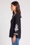 Women Split Neck Long Sleeve Embroidered Blouse, Black - 3