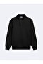 Regular Fit High Collar Black Sweatshirt with Button Detail - 4