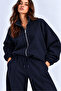 Navy Blue 3 Threaded Embroidered High Collar Oversize Sweatshirt with Iron Zipper - 2