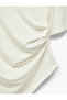 Slim Fit Asymmetrical Cut Boat Neck Draped Short Sleeve Blouse - 3