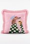 Coffee Drinking Painter Dog with Glasses Figured Checkerboard Patterned Fringed Throw Pillow Cover