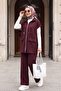 Double Suit with Stand Collar, Zipper Closure, Double Pockets, Elastic Waist - Plum - 3